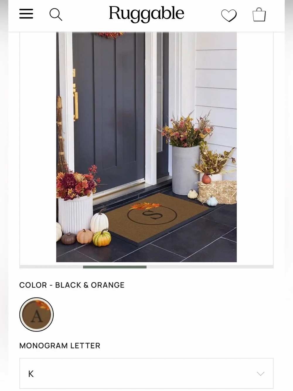 Ruggable Harvest Leaves “K” Monogram Fall Leaves Doormat- Cover Only